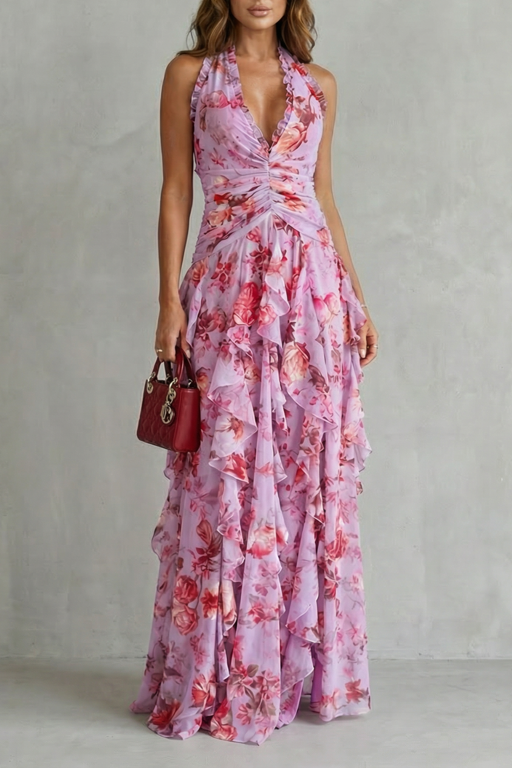 Belladina | Elegant Cascading Rose Maxi Dress with American Neckline