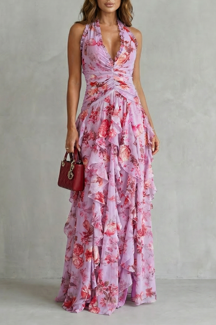 Belladina | Elegant Cascading Rose Maxi Dress with American Neckline