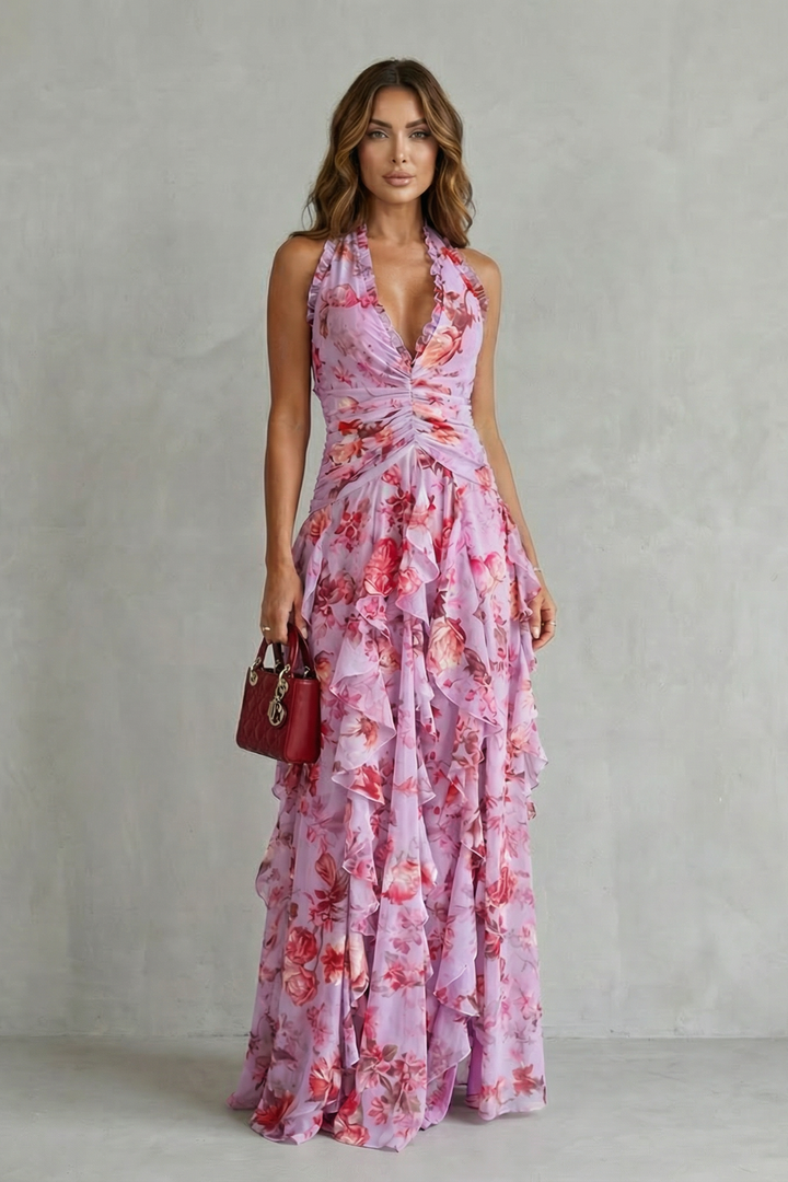 Belladina | Elegant Cascading Rose Maxi Dress with American Neckline