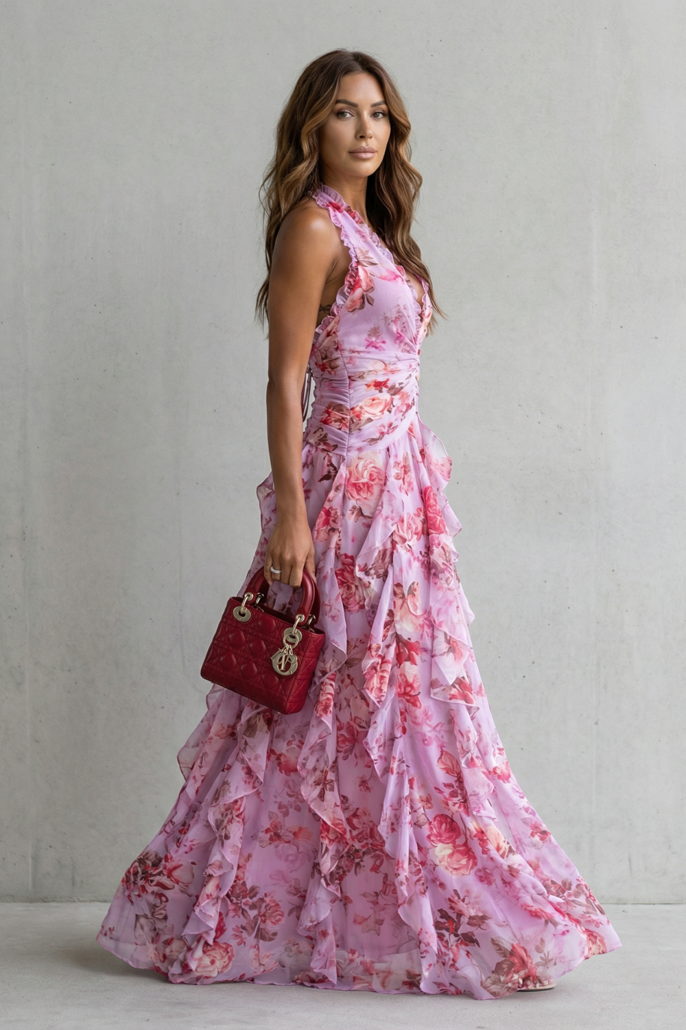 Belladina | Elegant Cascading Rose Maxi Dress with American Neckline