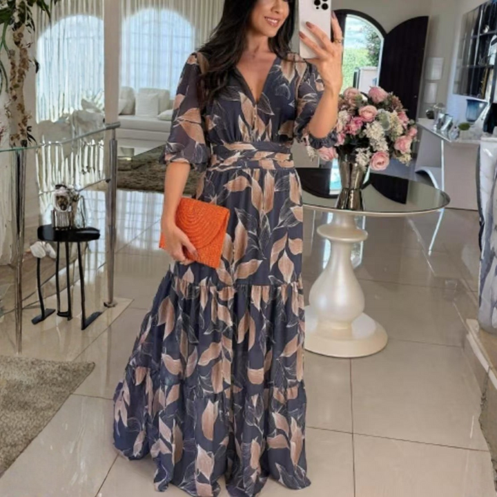 BELL™ - Robe longue élégante col en V manches bouffantes