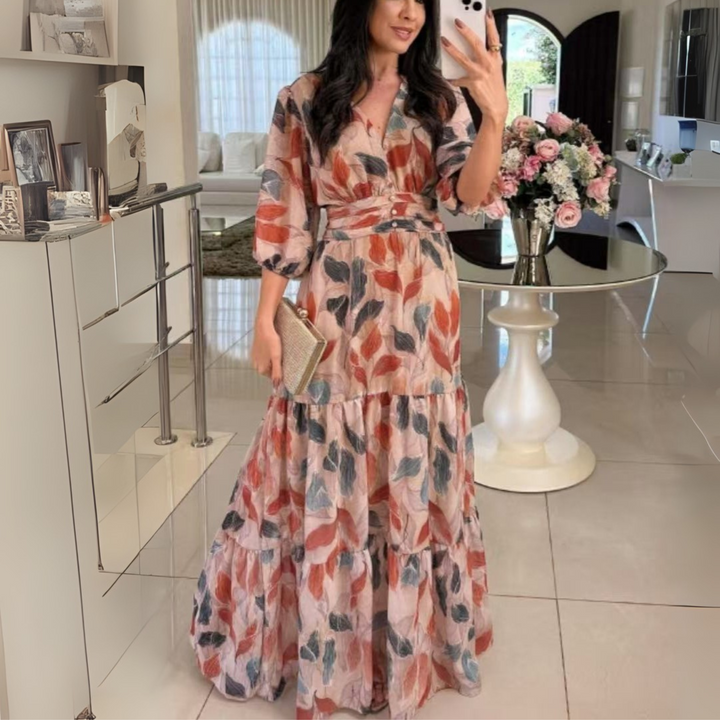 BELL™ - Robe longue élégante col en V manches bouffantes