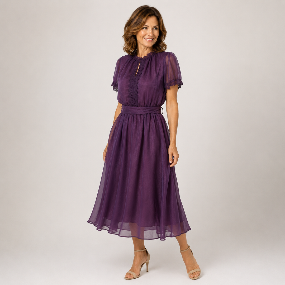 Flavia | Maxi Dress Featuring a Drop Neckline and Chiffon Lace Accents
