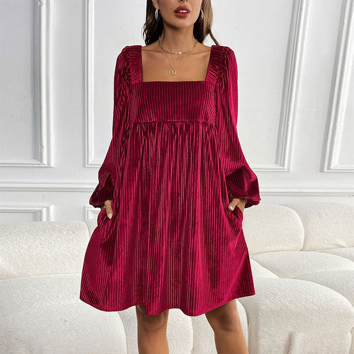 KEYZI™ - Cozy Plain Bishop Sleeve Square Neck Mini Dress