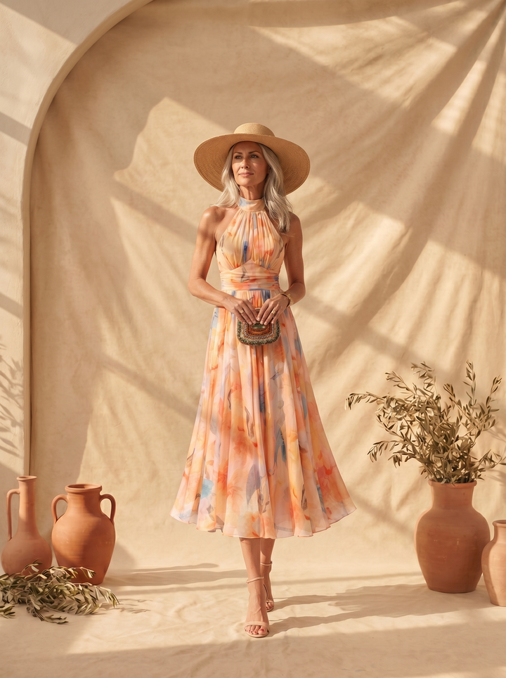 Aurora | Watercolor Print Halter Neck Dress