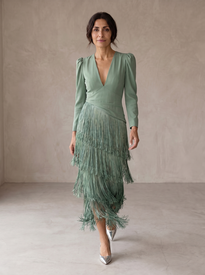 Chiara | Sophisticated Dress Featuring Fringe Sleeves